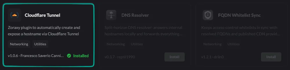 Cloudflare Tunnel installed from the Zoraxy plugin marketplace
